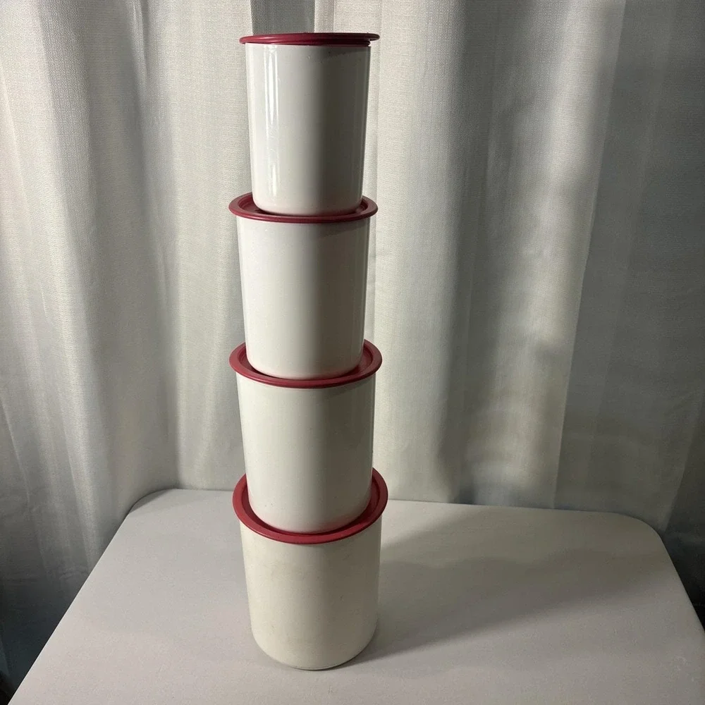 Vtg. Tupperware One Touch Reminder Nesting Canisters Set of Four w/ Red Lids